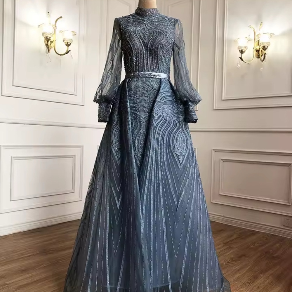 Elegant Blue Gray Evening Gown - Picture 2 of 9